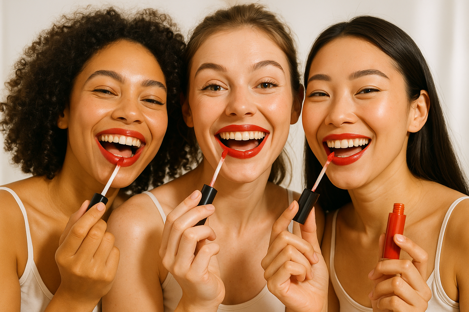 happy girls applying lip gloss red 